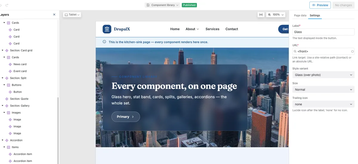 The Canvas editor: component layers, the live page, and a settings form