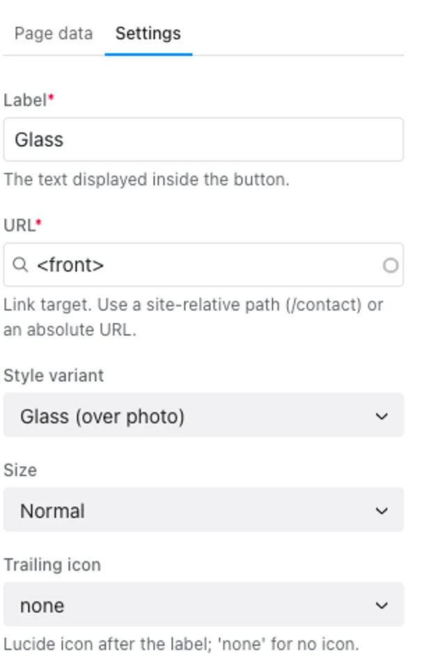 The same Button component in the Canvas editor: Label and URL fields, a Style variant select showing 'Glass (over photo)', Size and Trailing icon selects