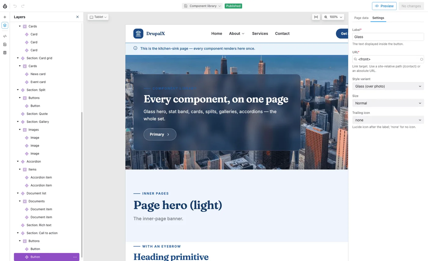 The Drupal Canvas editor showing the DrupalX demo homepage with the component layers panel and a Button component's settings form open
