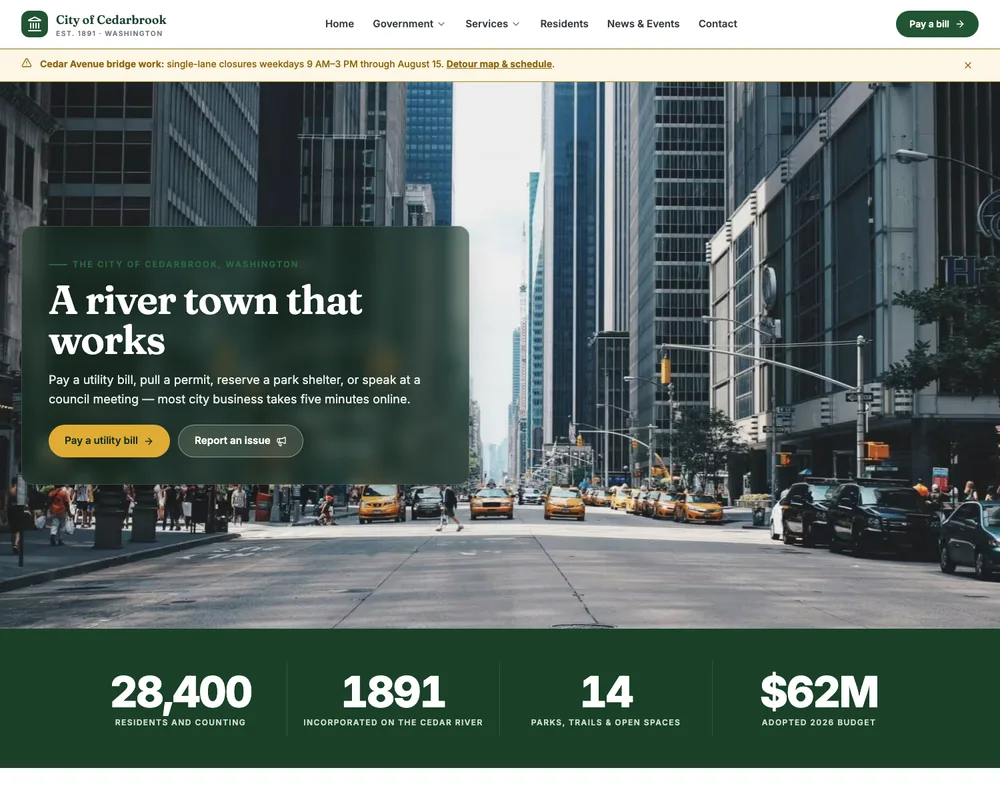 The same components rebranded as a cedar-green municipal site