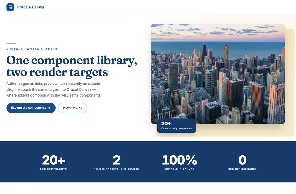 The DrupalX demo homepage in the default blue starter brand