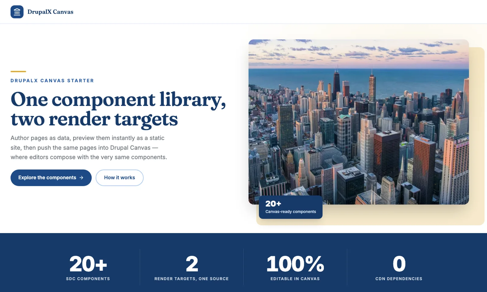 The DrupalX demo homepage — split hero with photo card and stat chip